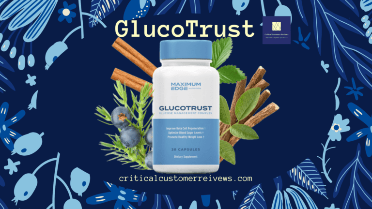 Glucotrust Scam: Single bottle of GlucoTrust supplement against a blue background for customer scam reviews.
