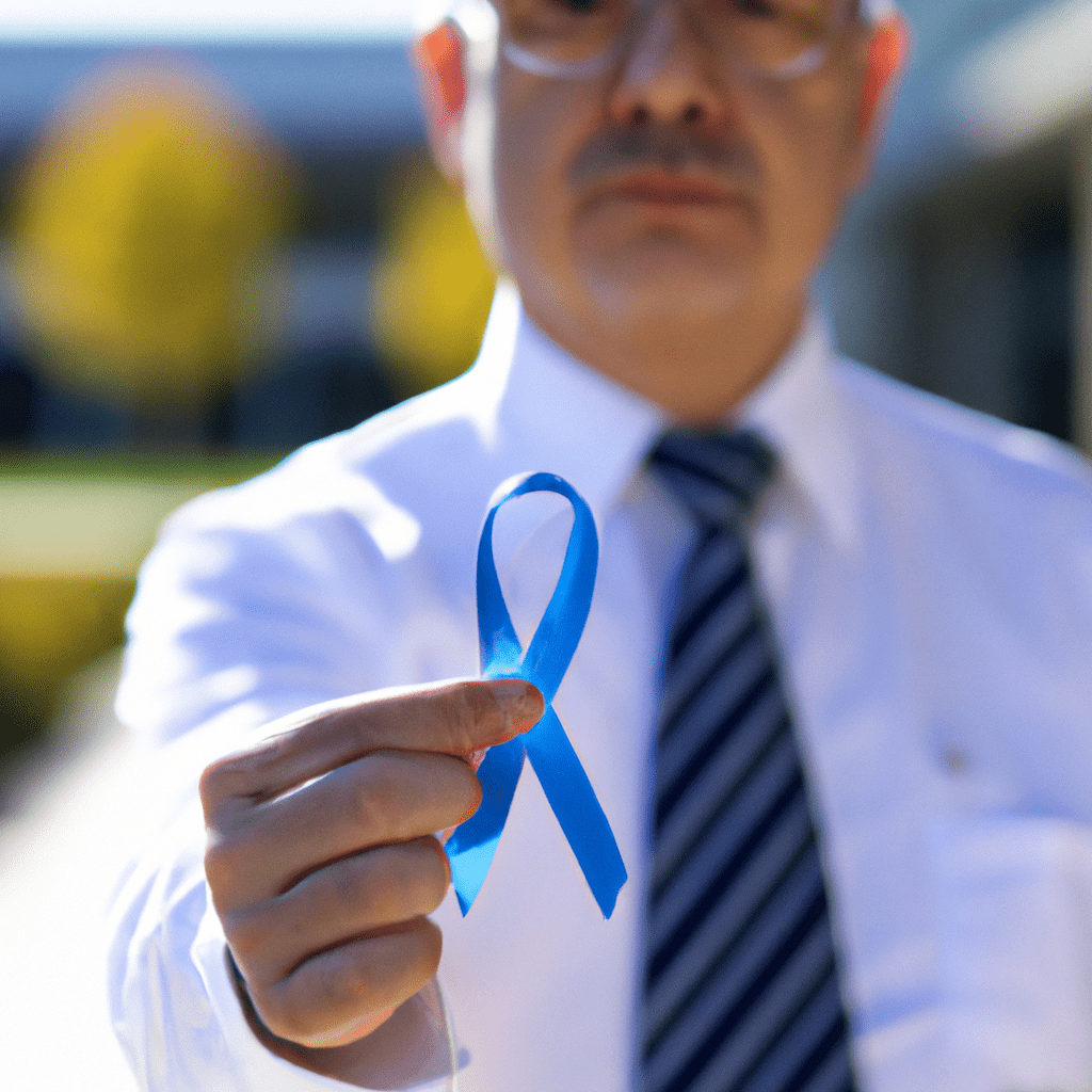Man holding a blue ribbon, symbolizing prostate cancer awareness