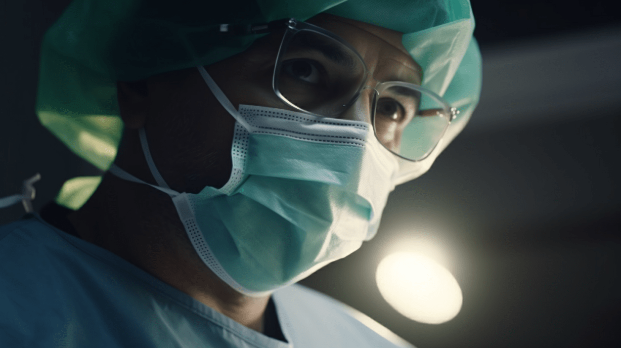 Surgeon performing prostate surgery in a well-lit operating room