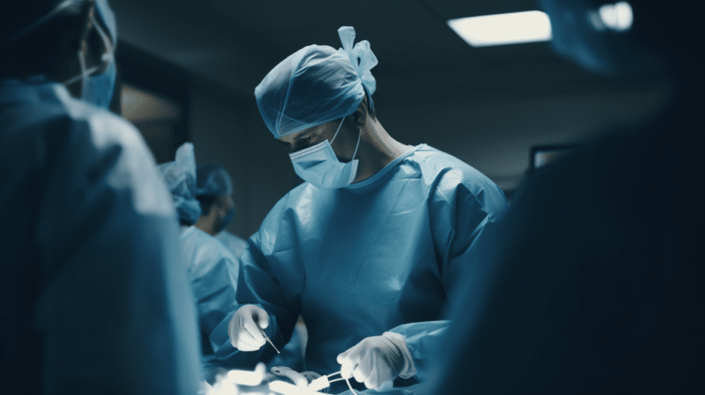 Surgeon performing prostate surgery in a well-lit operating room