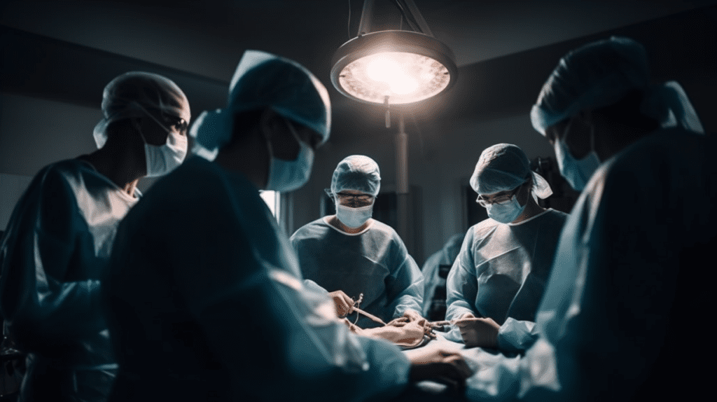 Surgeon performing prostate surgery in a well-lit operating room
