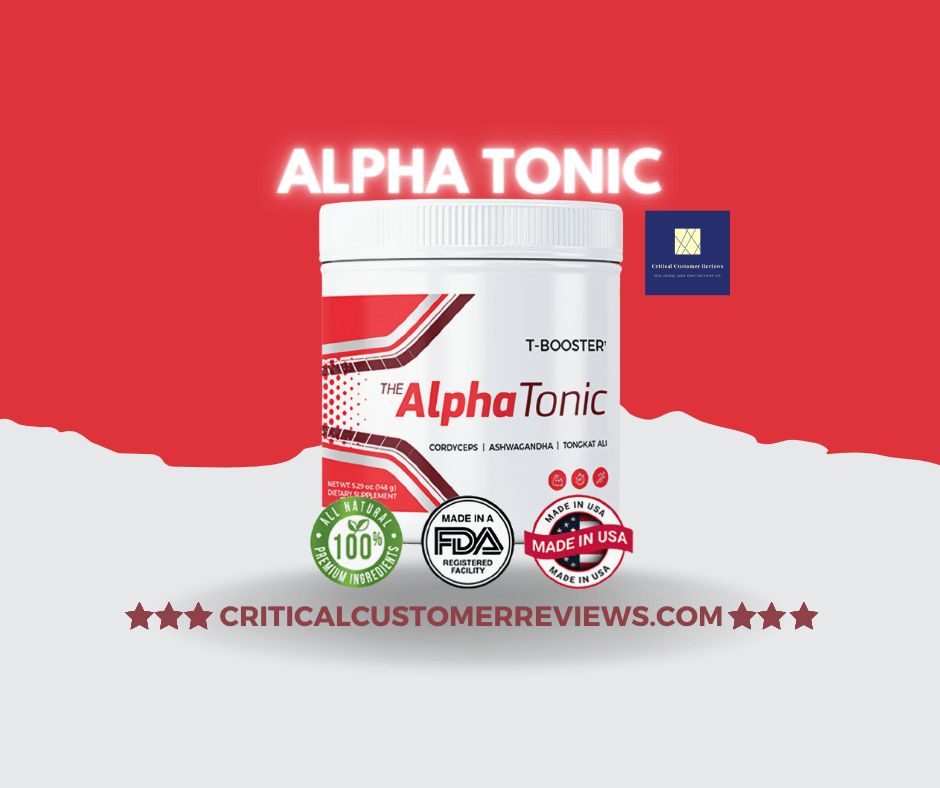 alpha tonic reviews: Single bottle of alpha tonic men's health supplement against a red and white background for alpha tonic reviews.