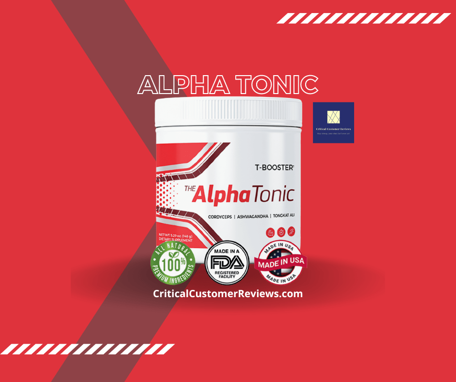 alpha tonic scam: Single bottle of alpha tonic men's health supplement against a red background for alpha tonic scam reviews.